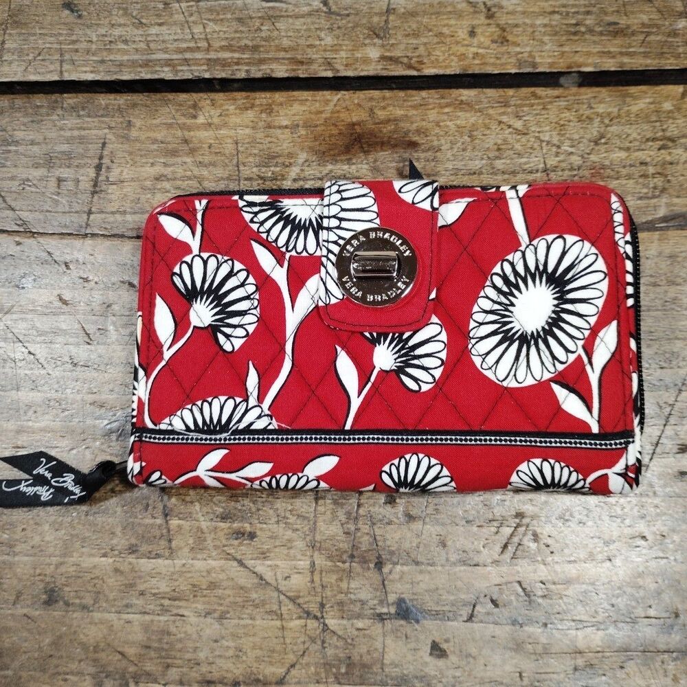 Vera Bradley Turn Lock Zip Around Wallet Retired Deco Daisy Floral Red Quilted - Picture 1 of 8